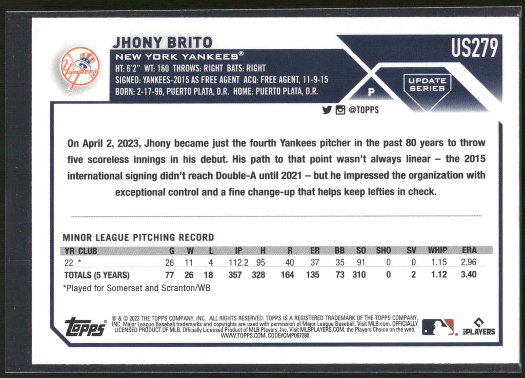 2023 Topps Update #US279 Jhony Brito