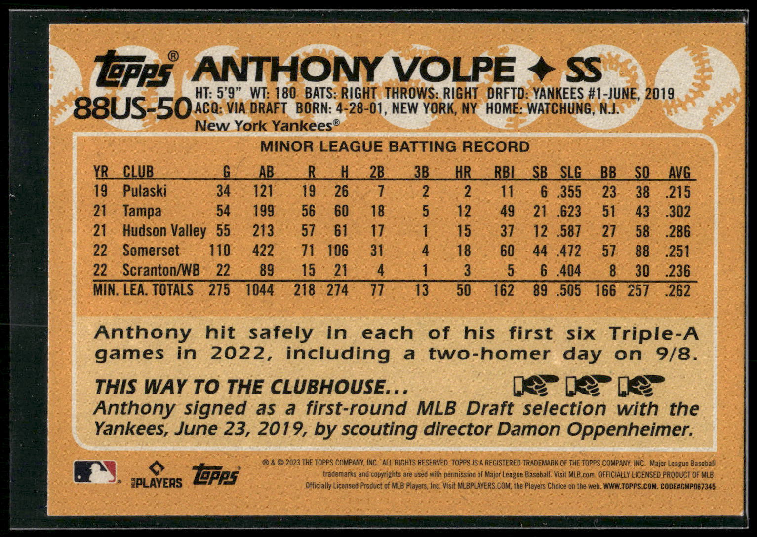 2023 Topps Update #88US-50 Anthony Volpe 1988 Topps Baseball 35th Anniversary