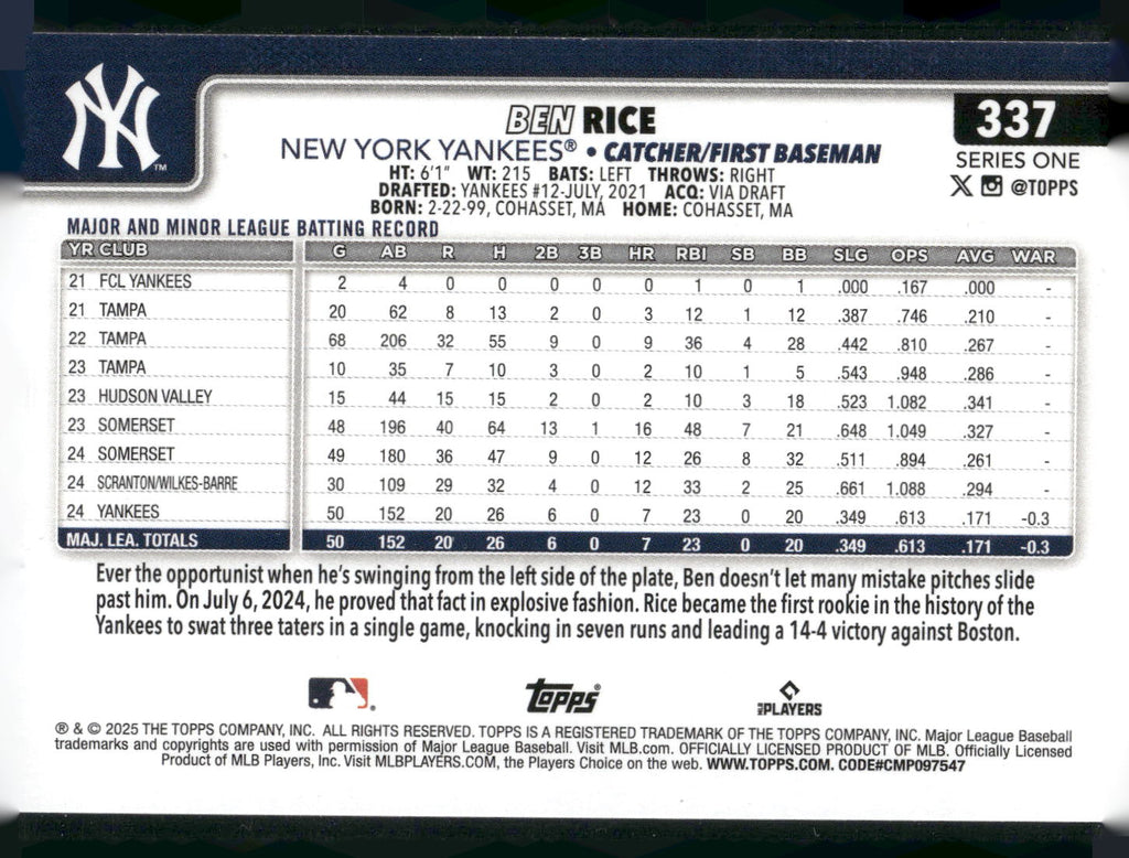 2025 Topps #337 Ben Rice