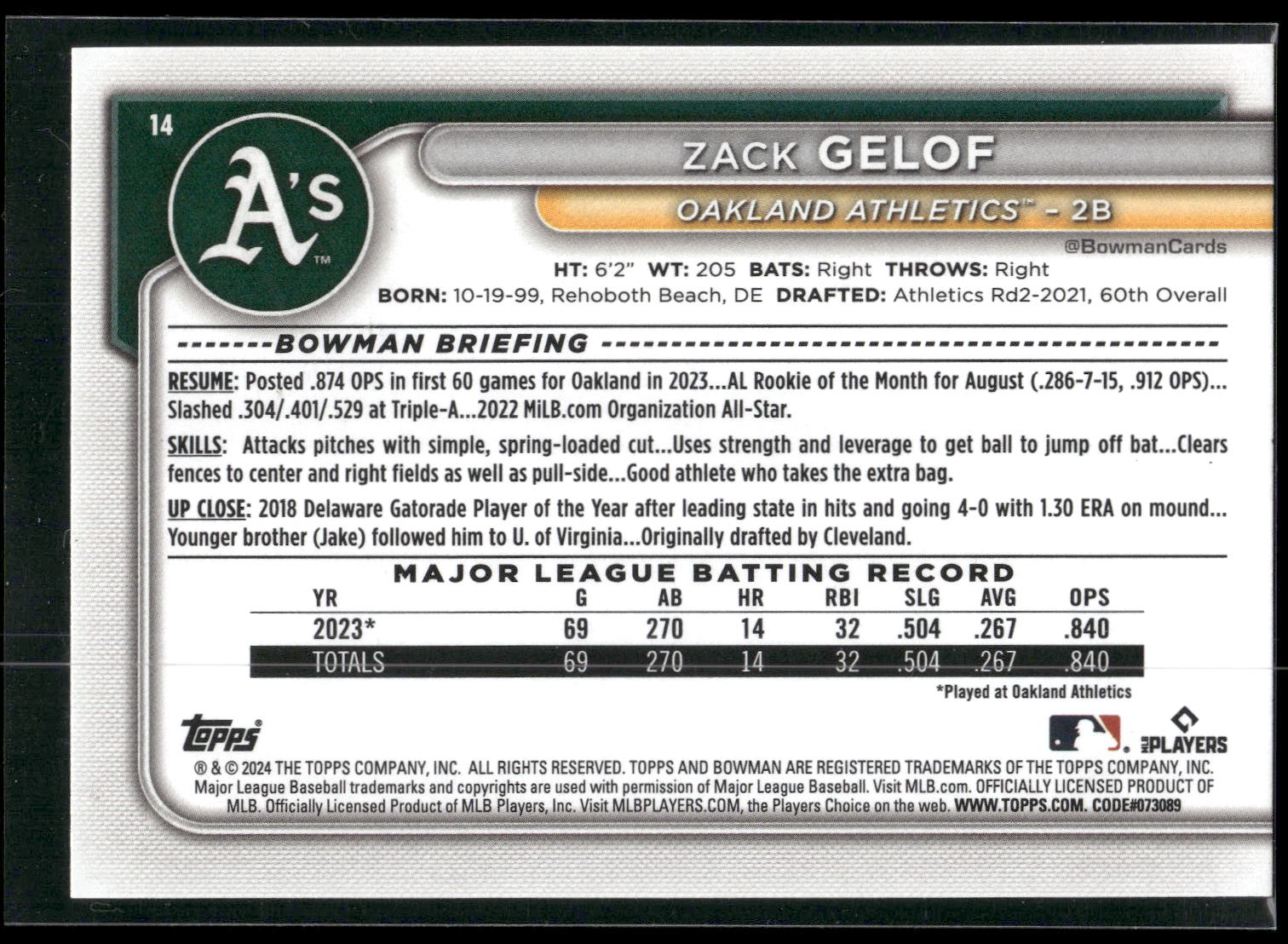 2024 Bowman #14 Zack Gelof