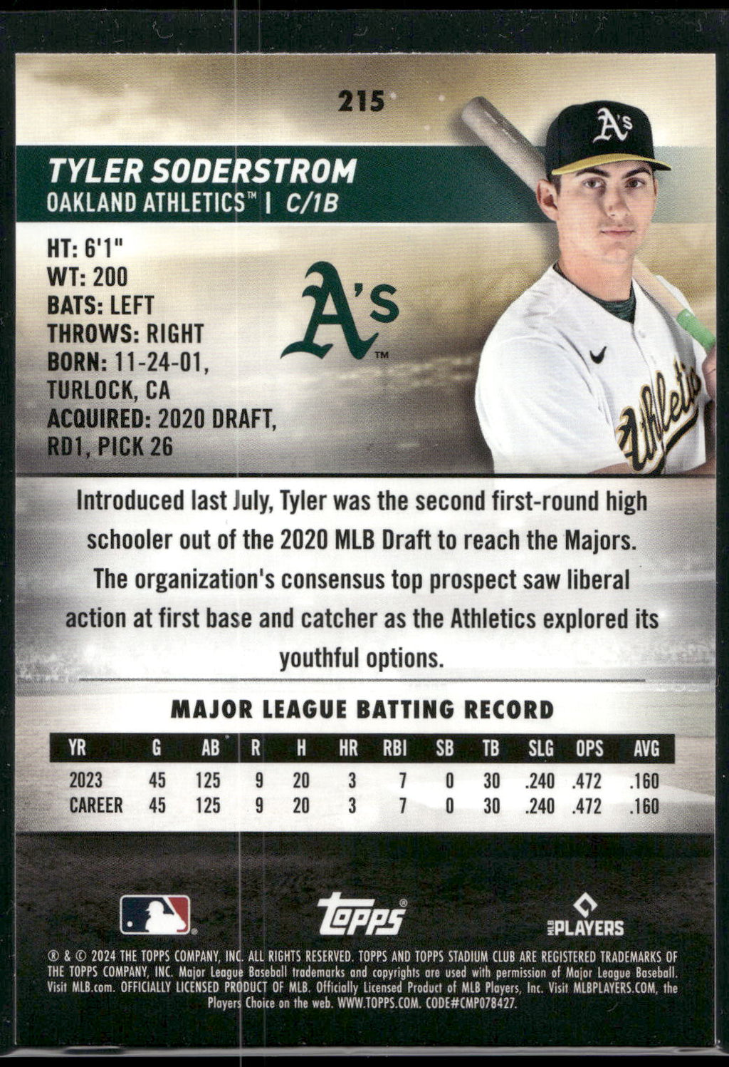 2024 Stadium Club #215 Tyler Soderstrom