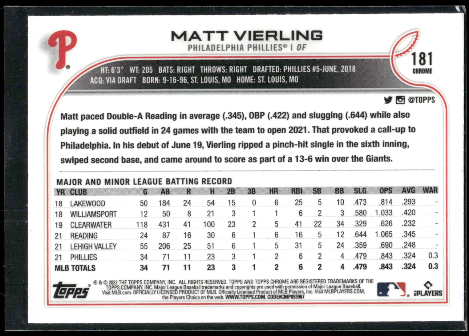 2022 Topps Chrome Sonic #181 Matt Vierling