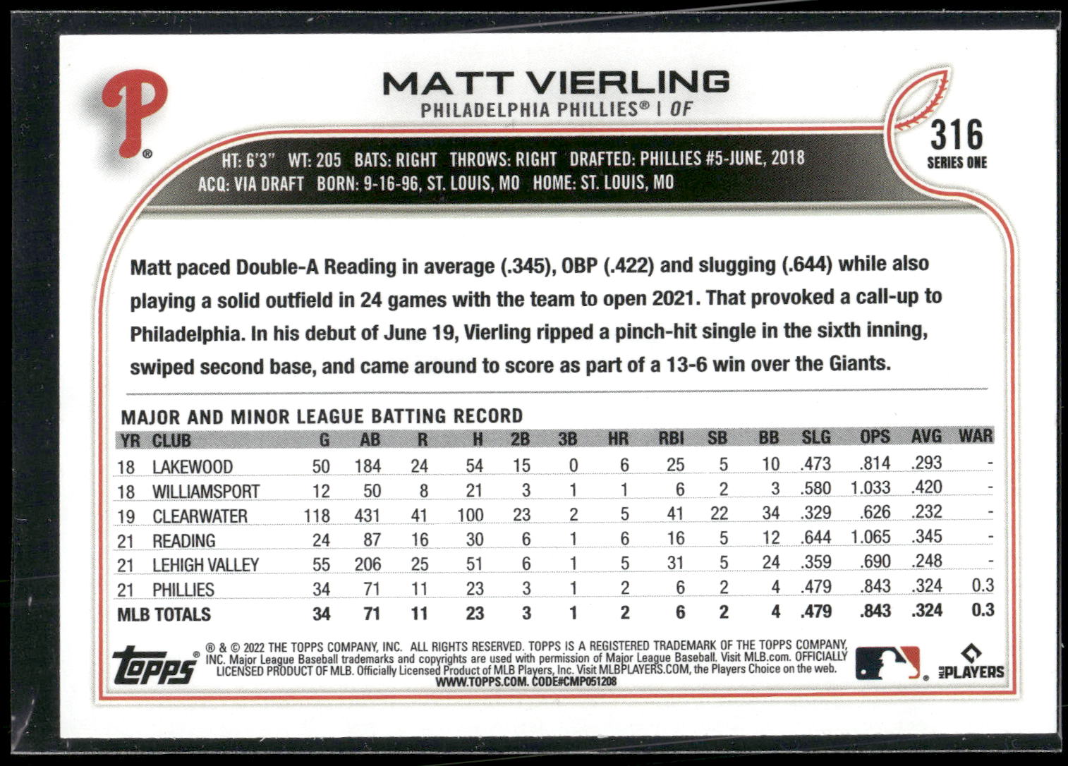 2022 Topps 1st Edition #316 Matt Vierling