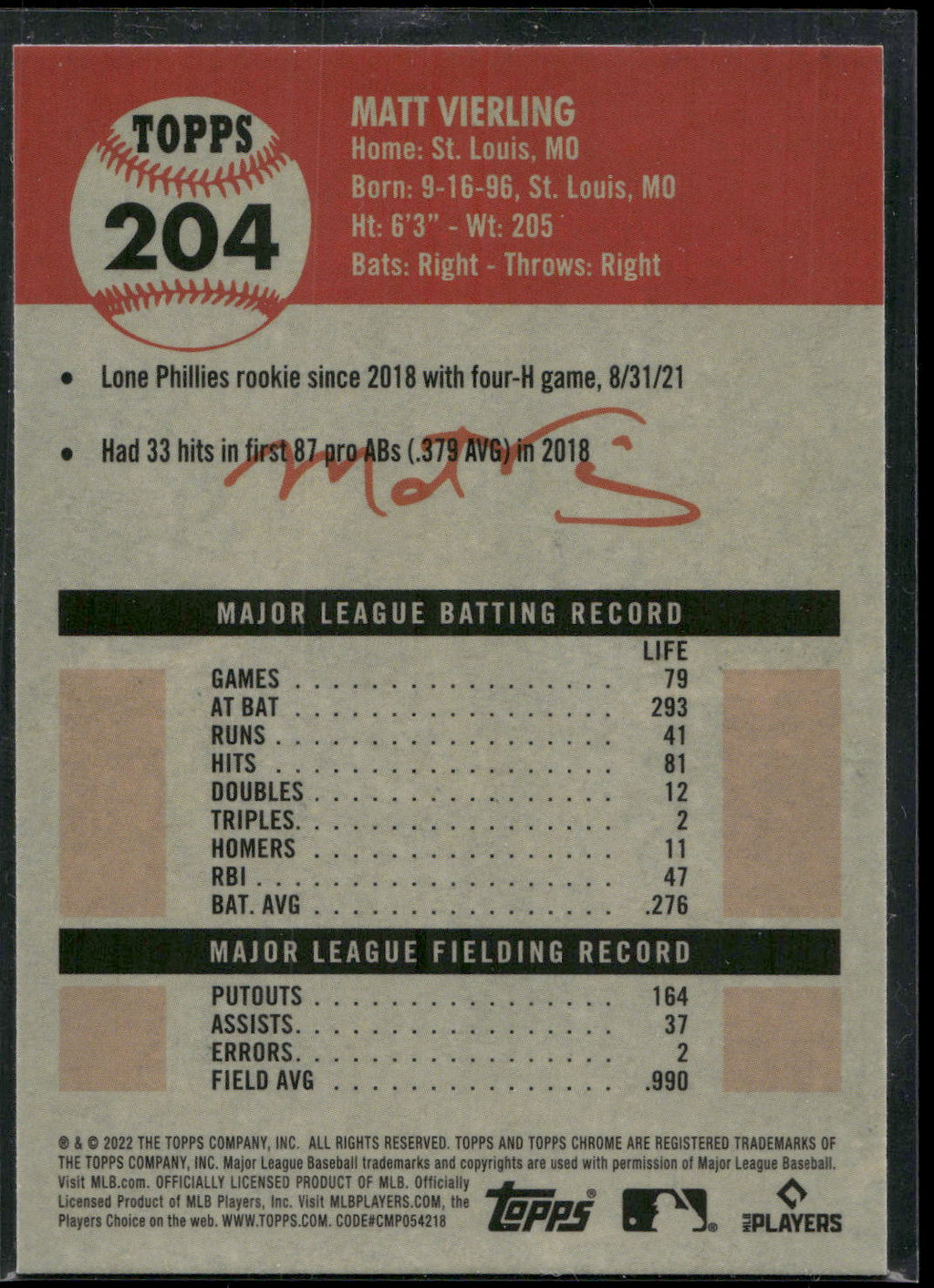 2022 Topps Chrome Platinum Anniversary #204 Matt Vierling