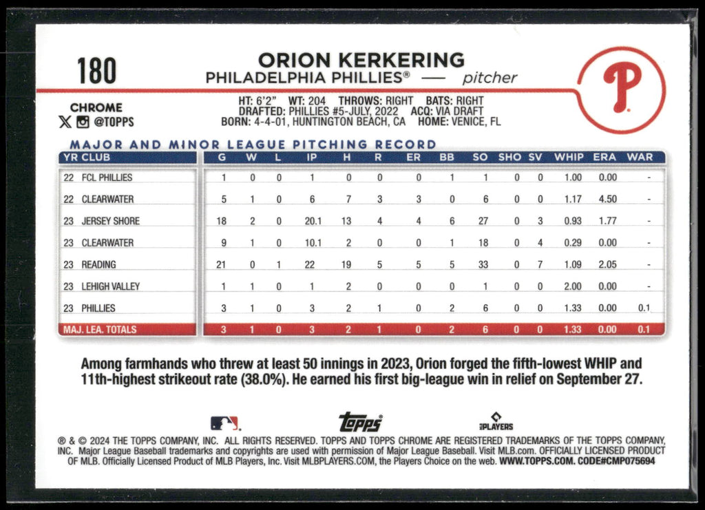 2024 Topps Chrome #180 Orion Kerkering X-Fractors