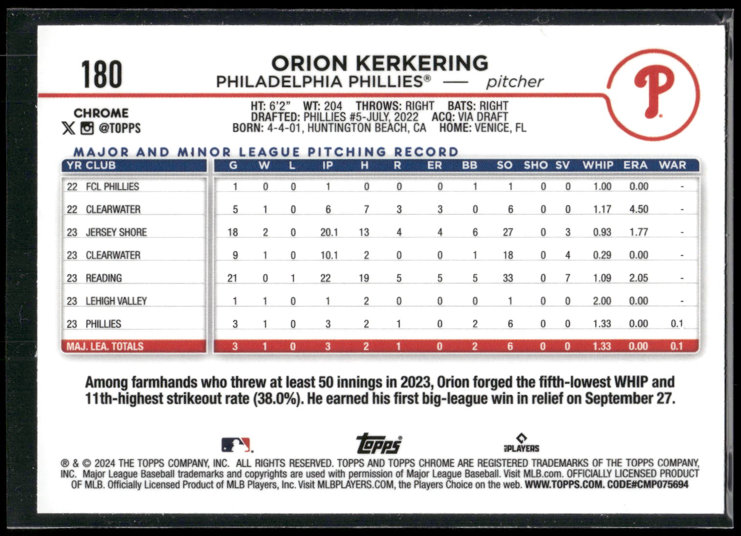 2024 Topps Chrome #180 Orion Kerkering X-Fractors