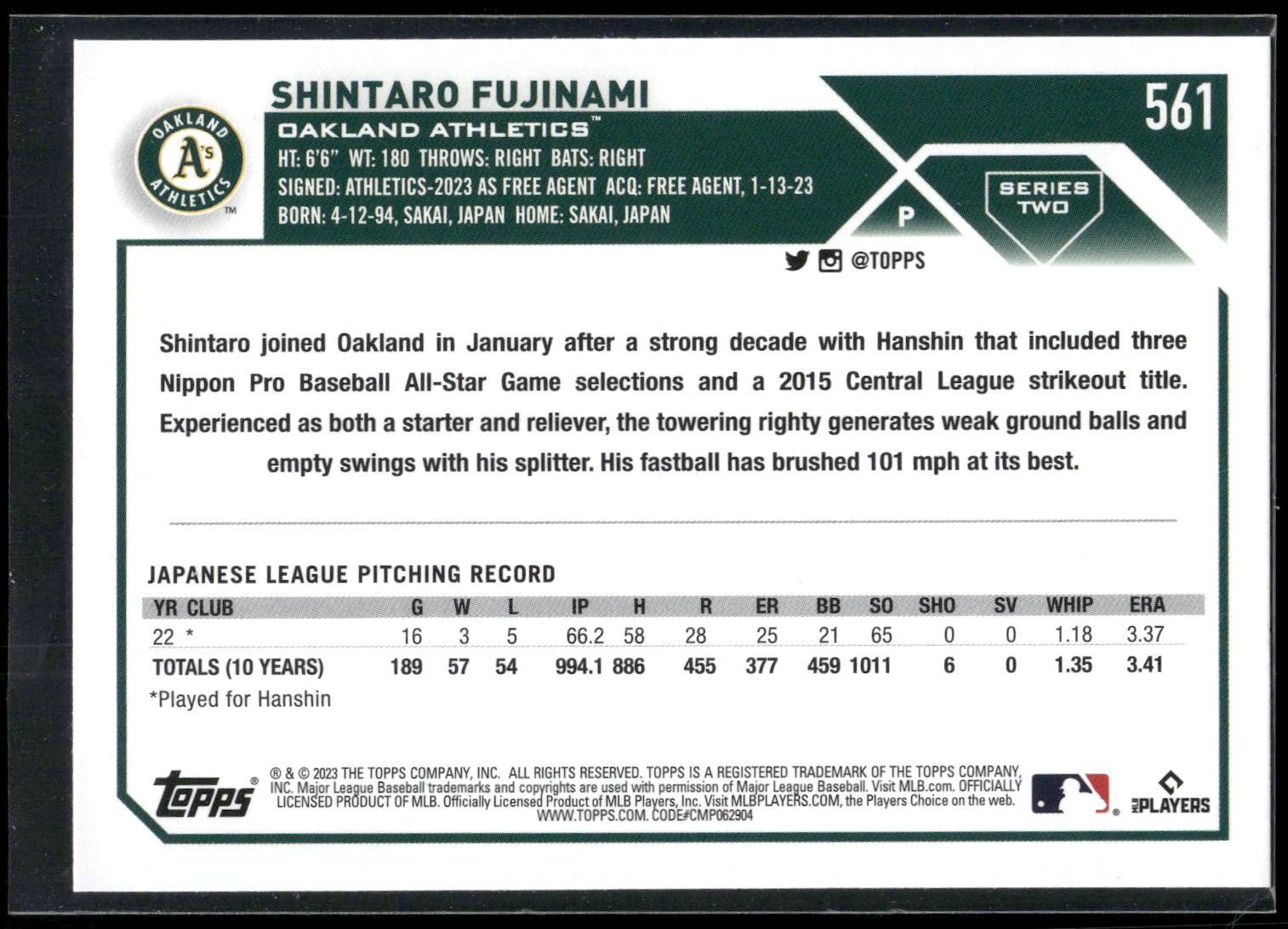 2023 Topps #561 Shintaro Fujinami