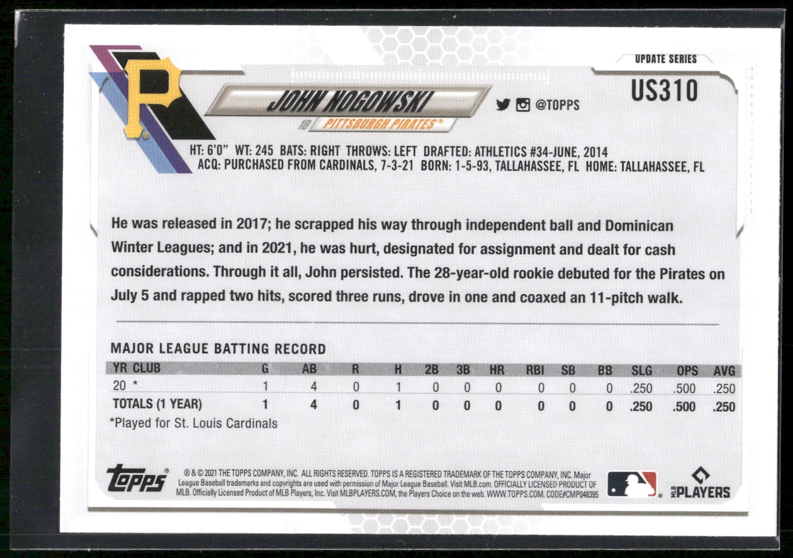 2021 Topps Update #US310 John Nogowski