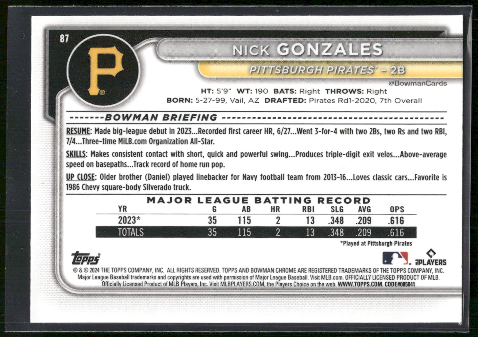 2024 Bowman Chrome #87 Nick Gonzales