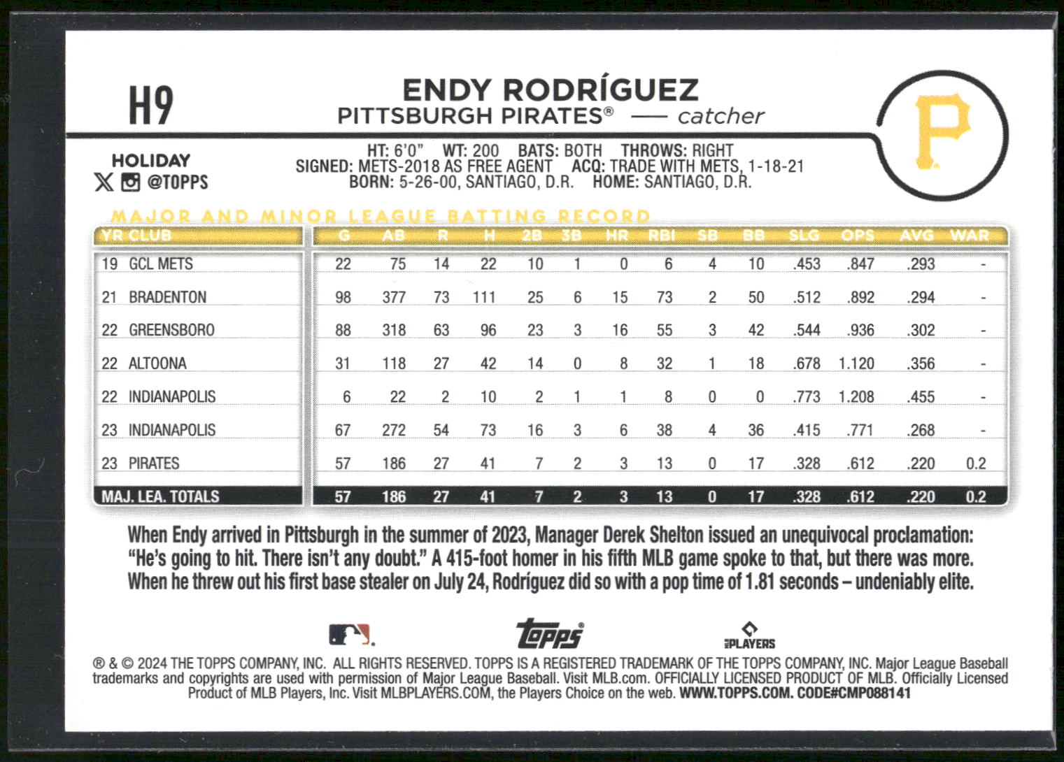 2024 Topps Holiday #H9 Endy Rodríguez