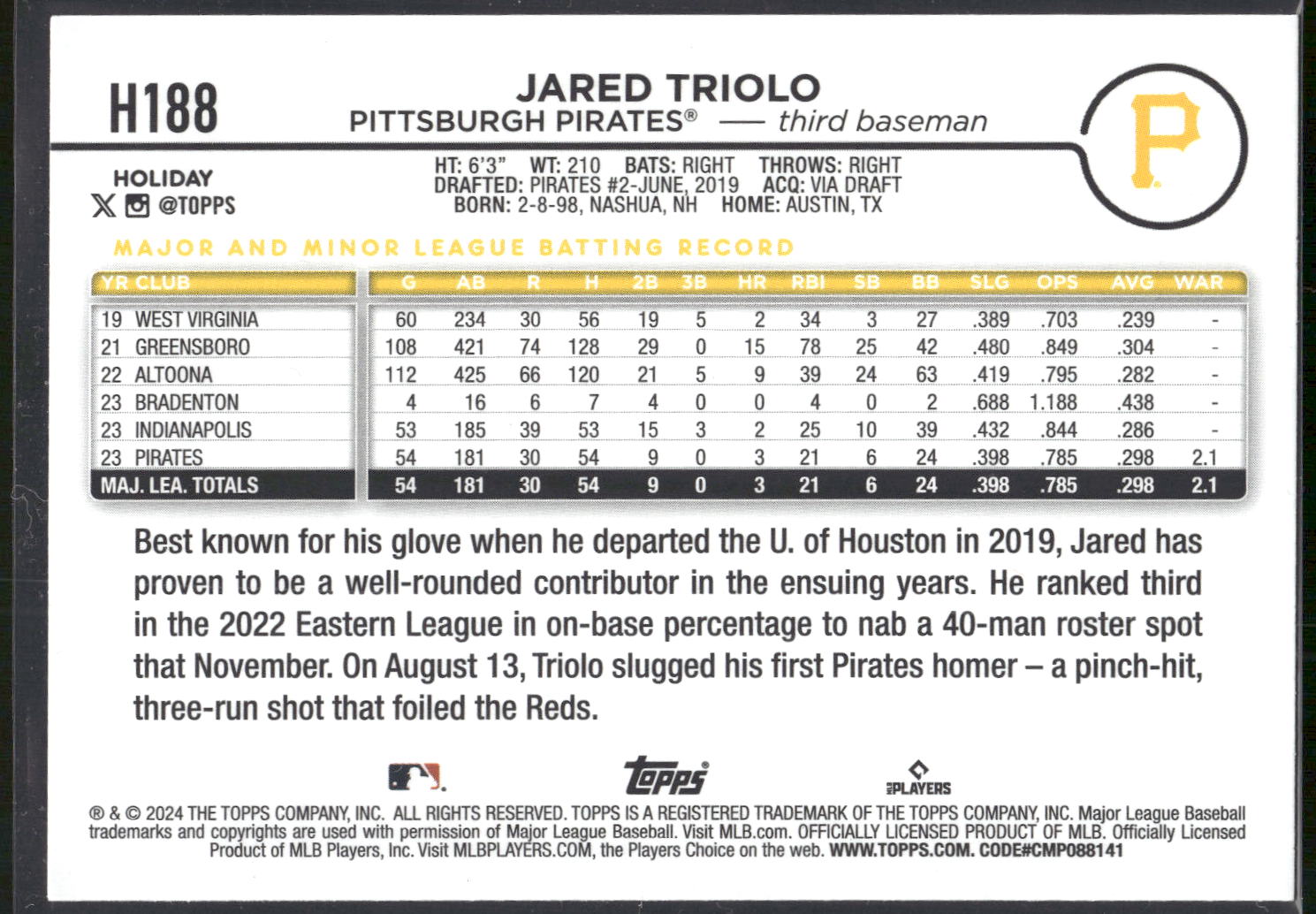 2024 Topps Holiday #H188 Jared Triolo
