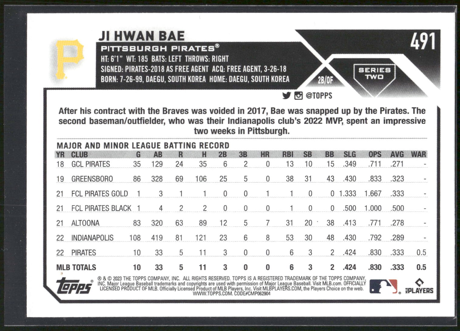 2023 Topps #491 Ji Hwan Bae