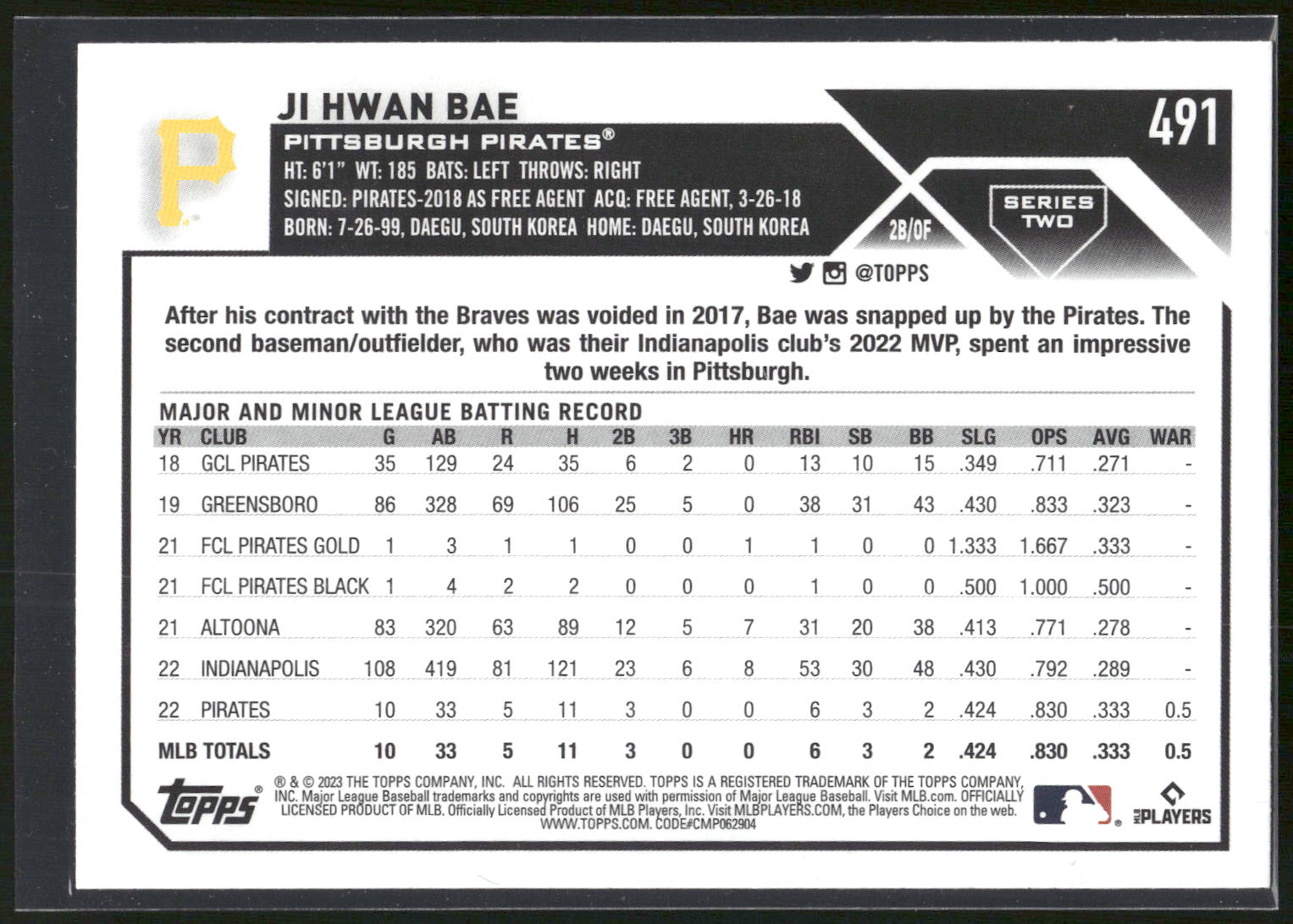 2023 Topps #491 Ji Hwan Bae