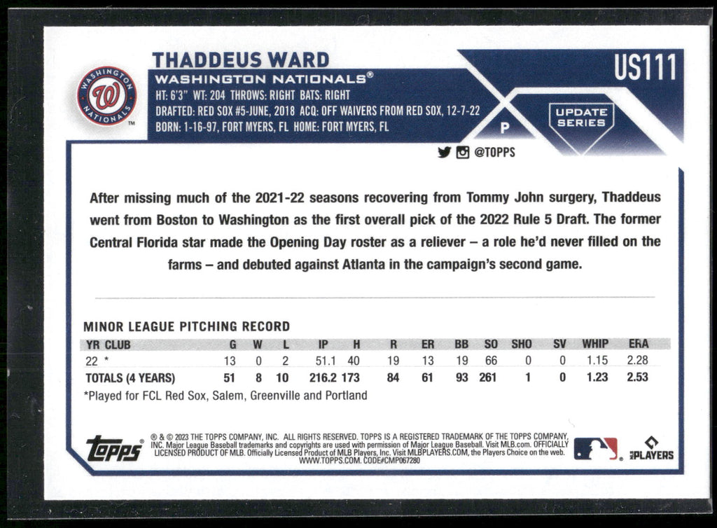 2023 Topps Update #US111 Thaddeus Ward