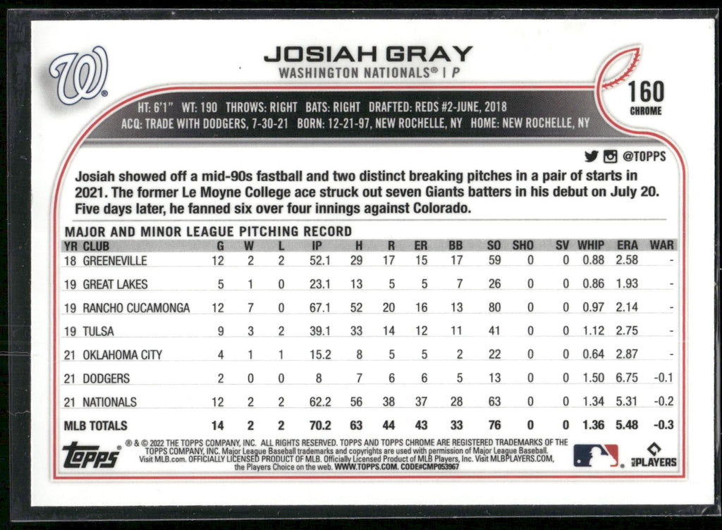2022 Topps Chrome #160 Josiah Gray