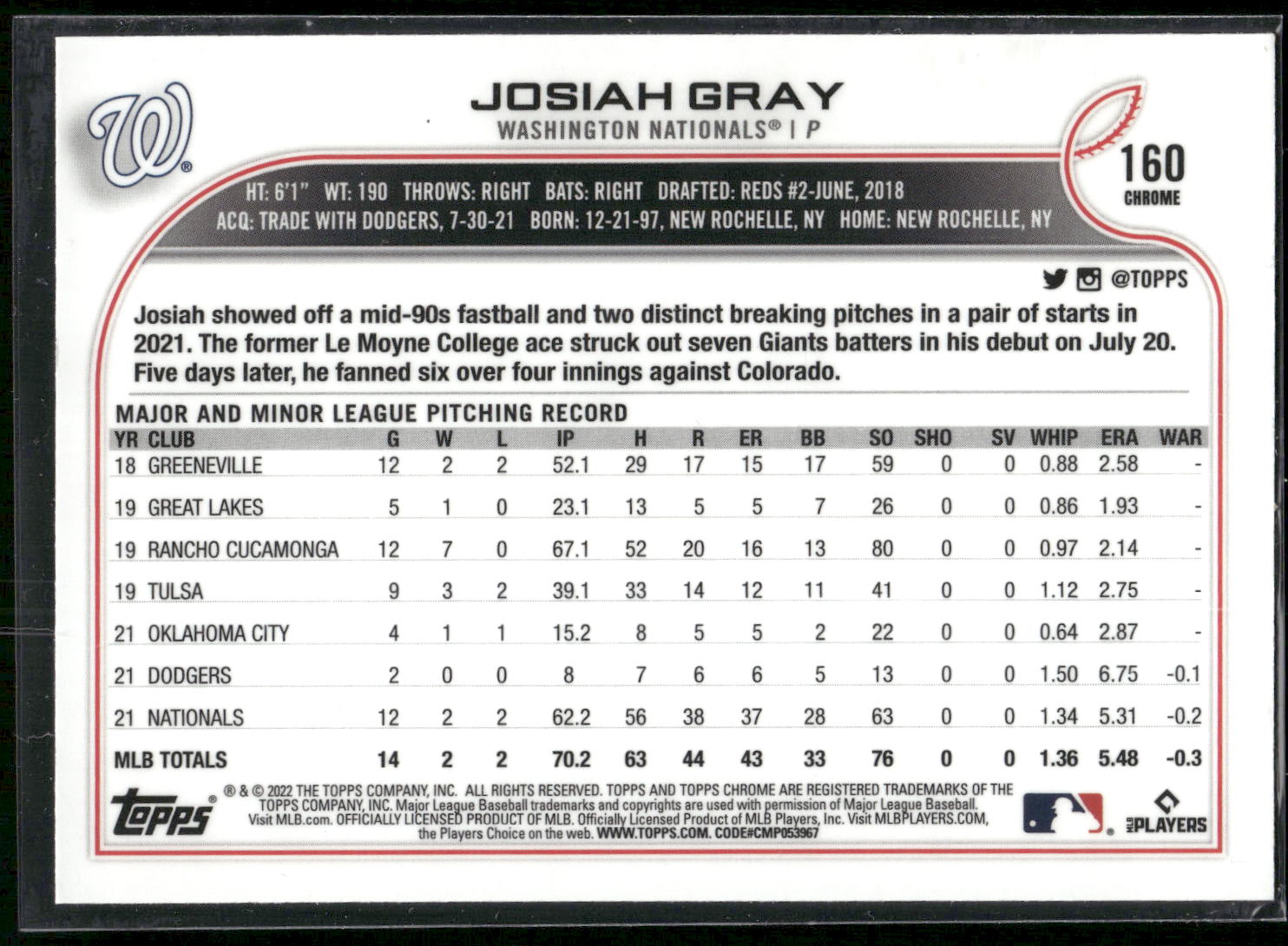 2022 Topps Chrome #160 Josiah Gray