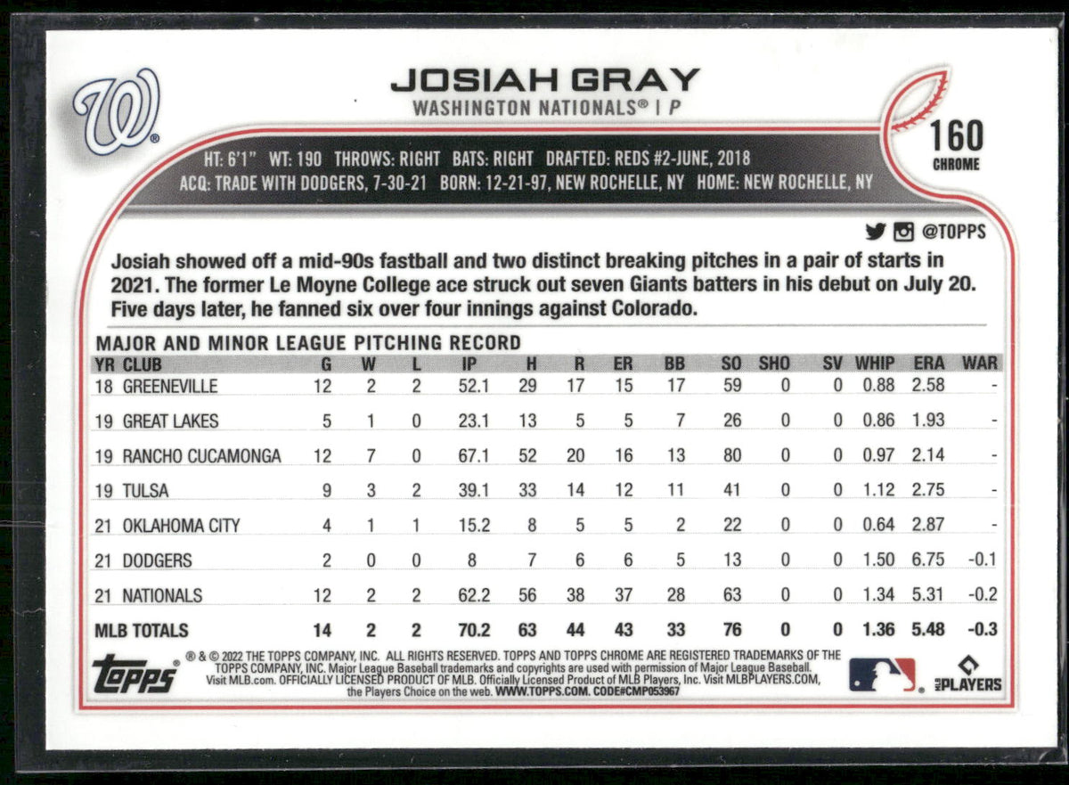 2022 Topps Chrome #160 Josiah Gray
