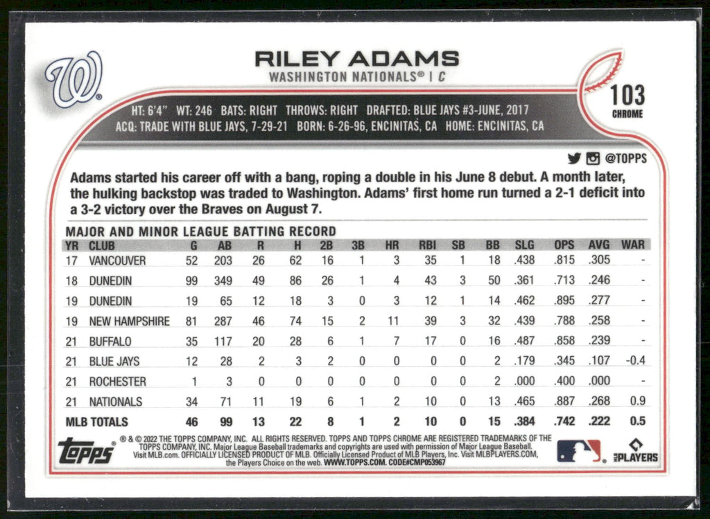 2022 Topps Chrome Sonic #103 Riley Adams