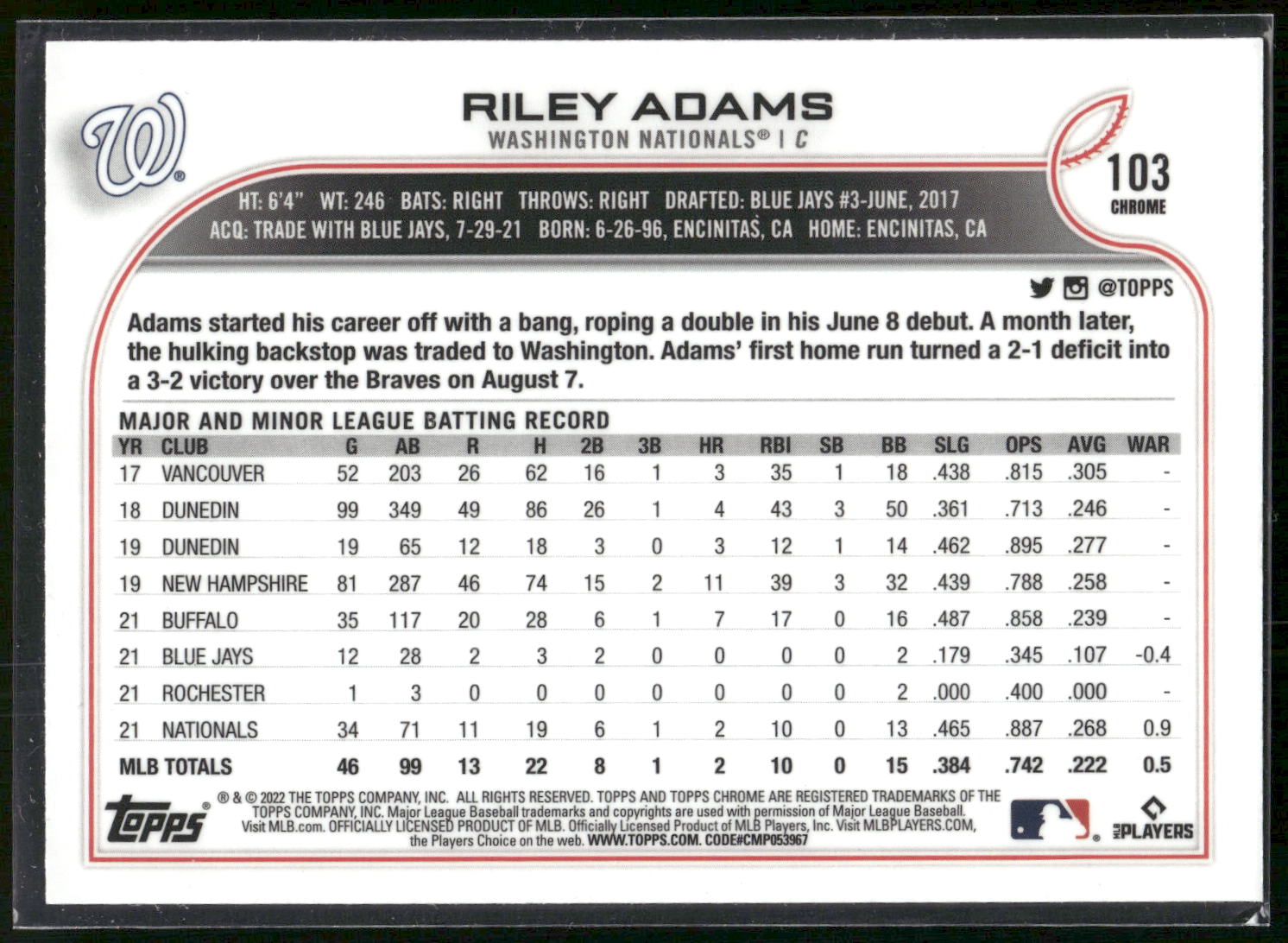 2022 Topps Chrome Sonic #103 Riley Adams
