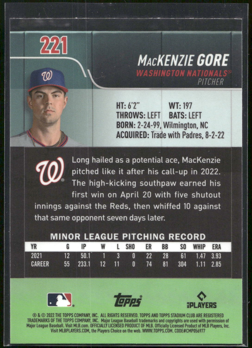2022 Stadium Club Chrome #221 MacKenzie Gore