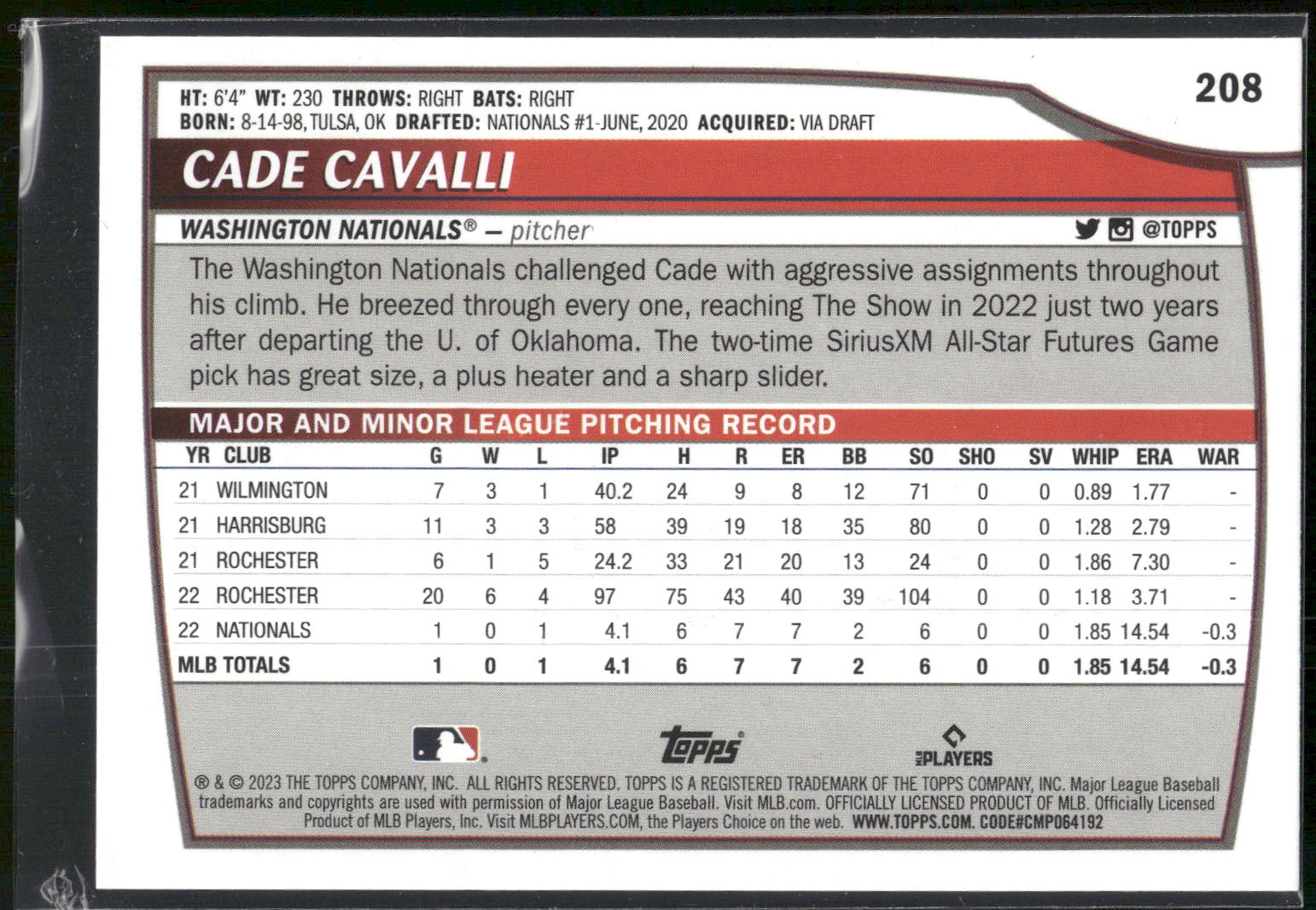 2023 Topps Big League #208 Cade Cavalli