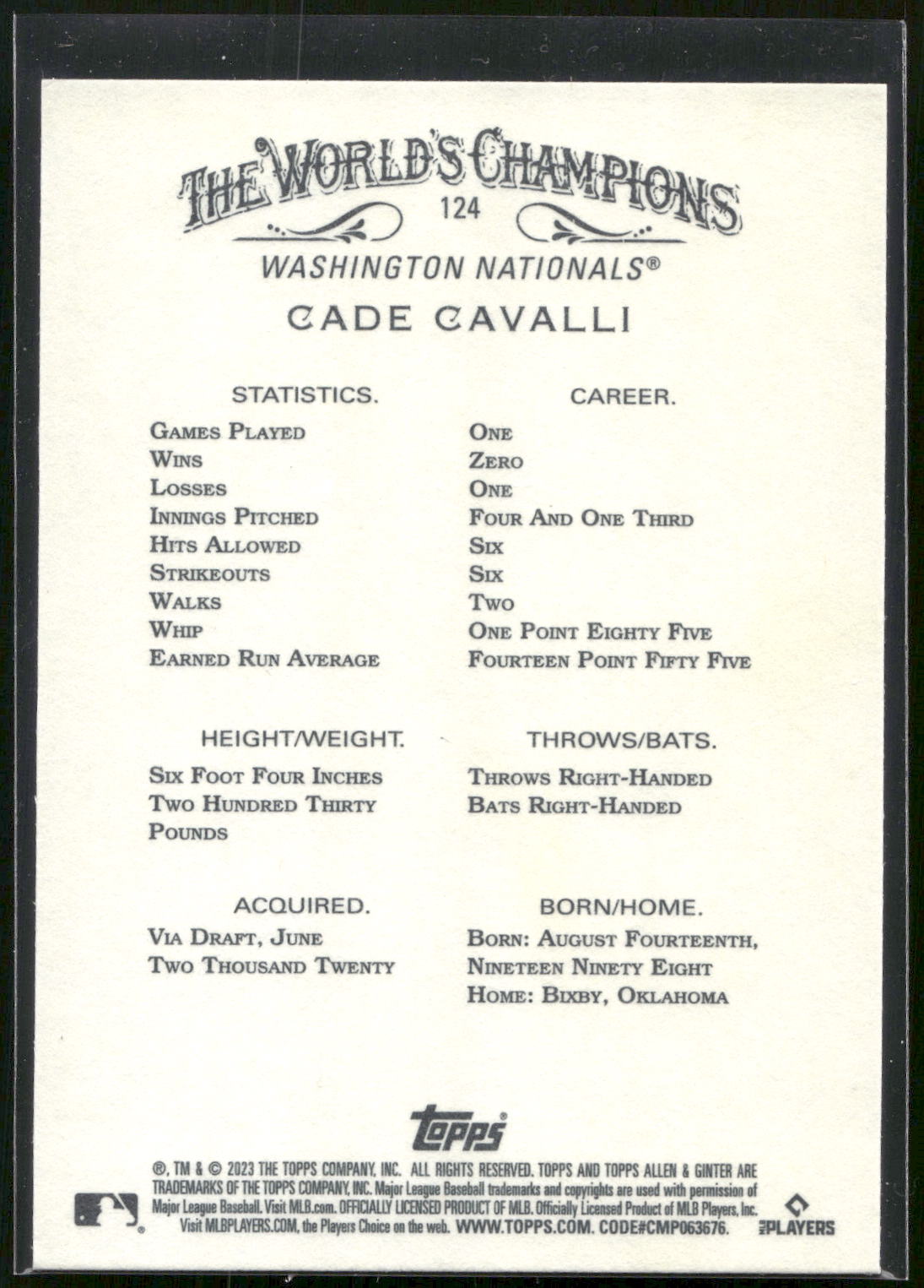 2023 Topps Allen & Ginter #124 Cade Cavalli