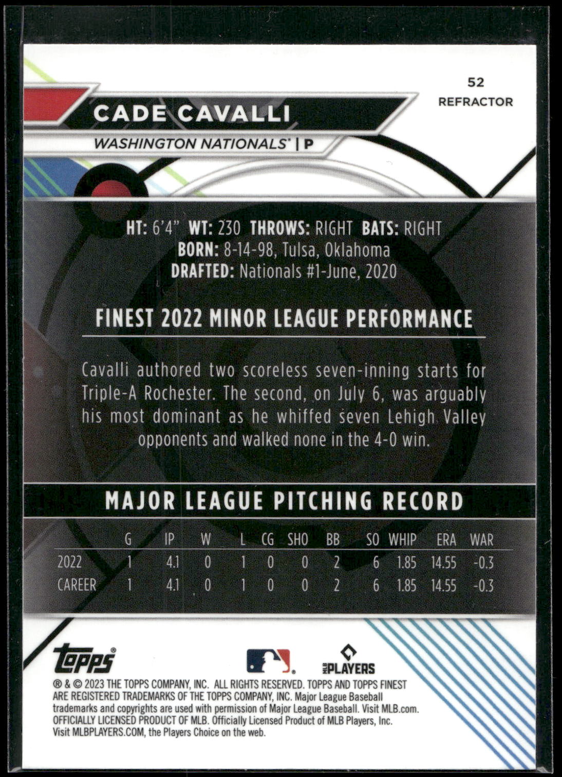 2023 Finest #52 Cade Cavalli Refractor