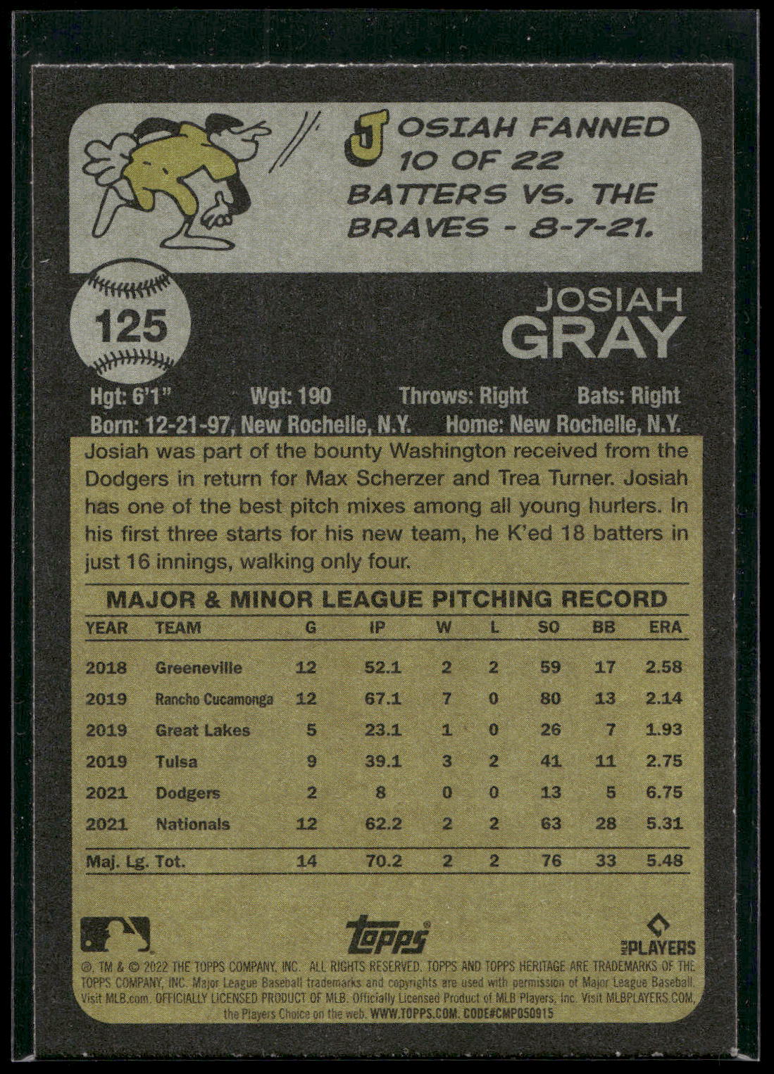2022 Topps Heritage #125 Josiah Gray