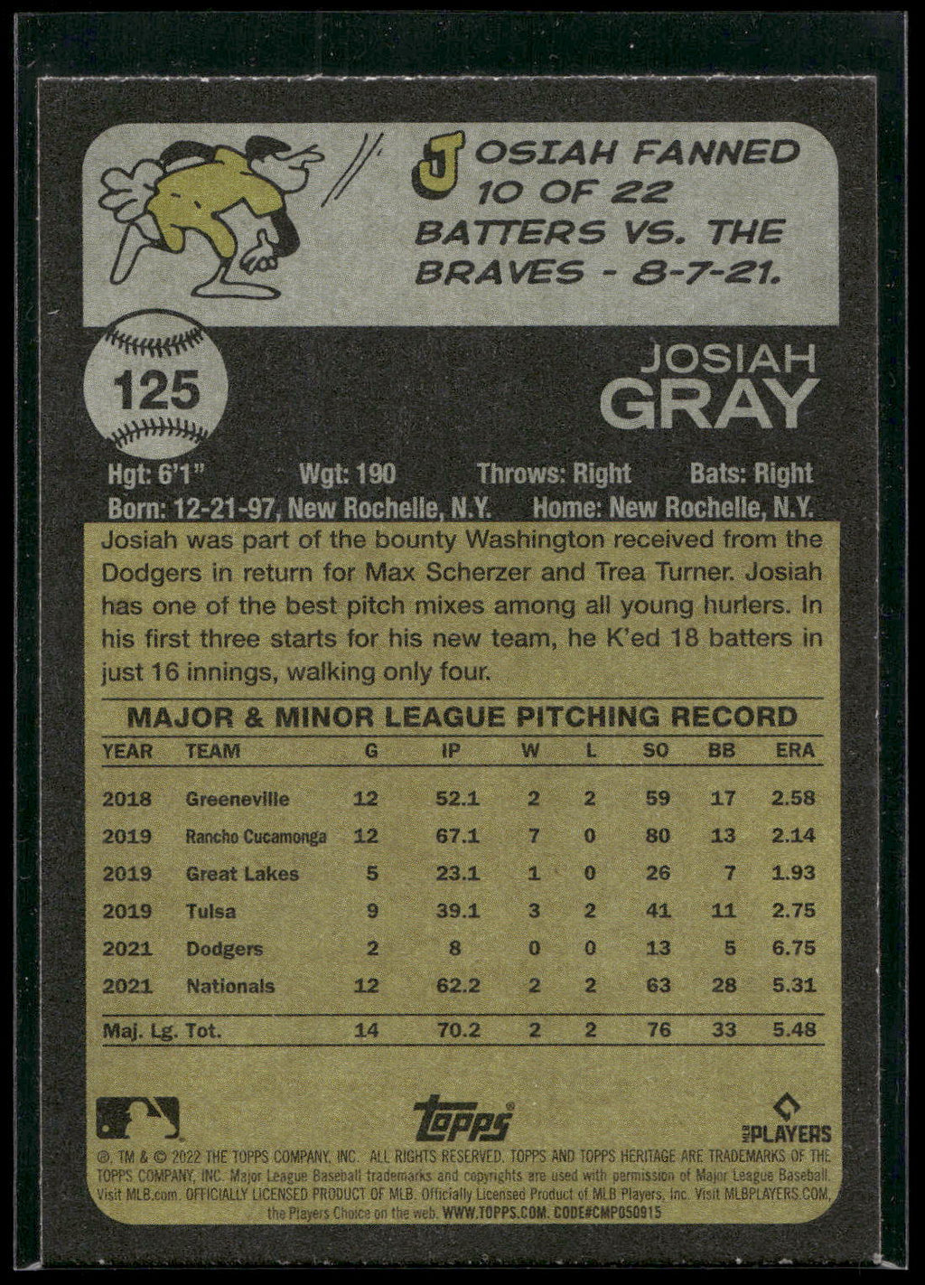 2022 Topps Heritage #125 Josiah Gray