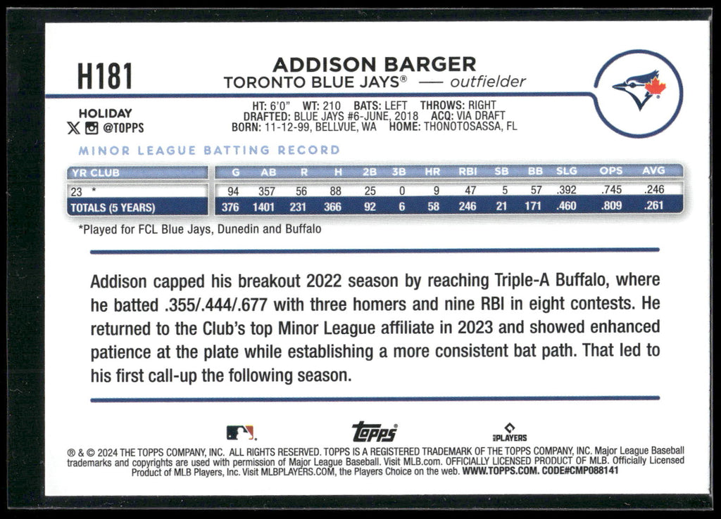 2024 Topps Holiday #H181 Addison Barger