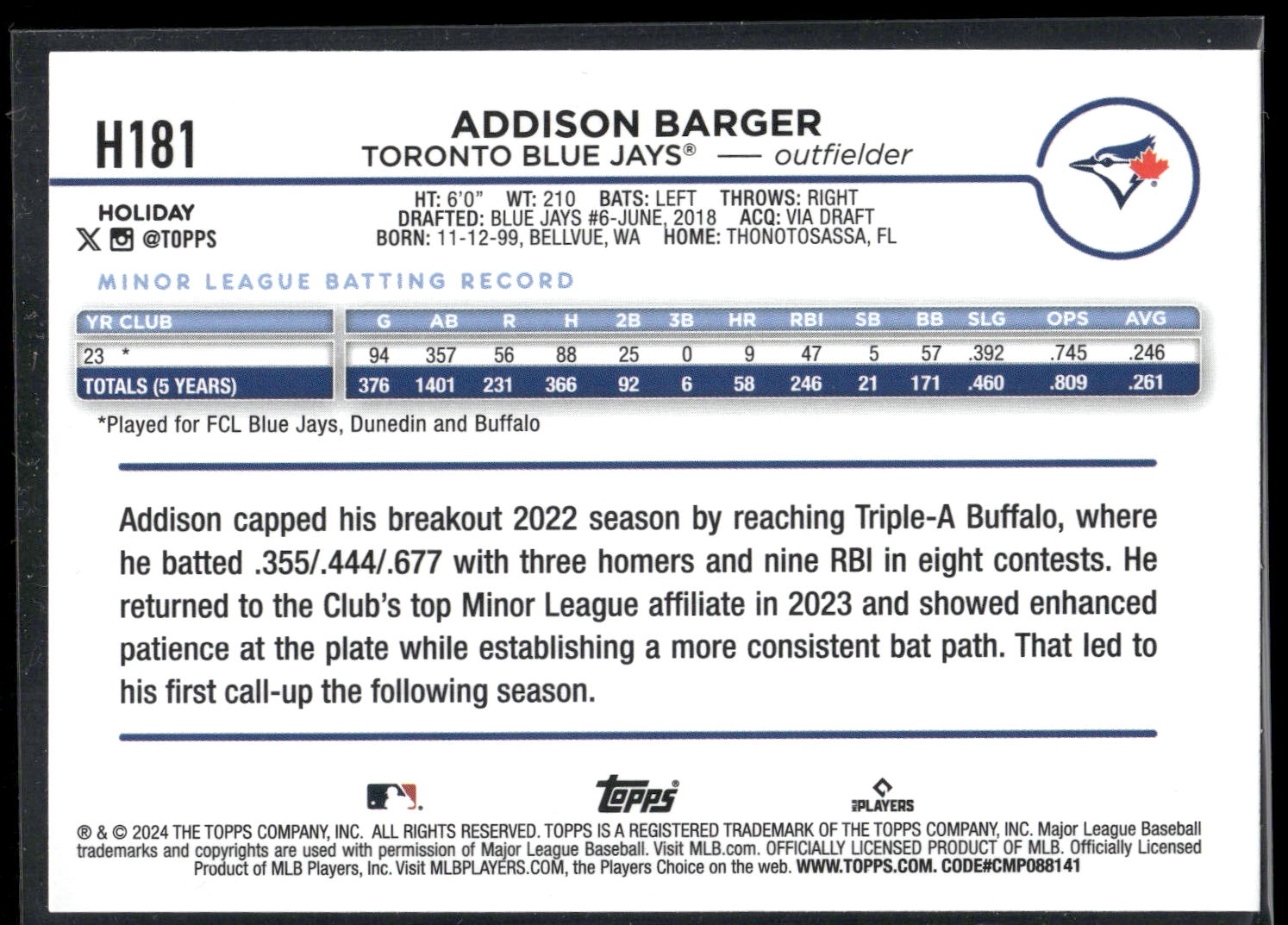 2024 Topps Holiday #H181 Addison Barger