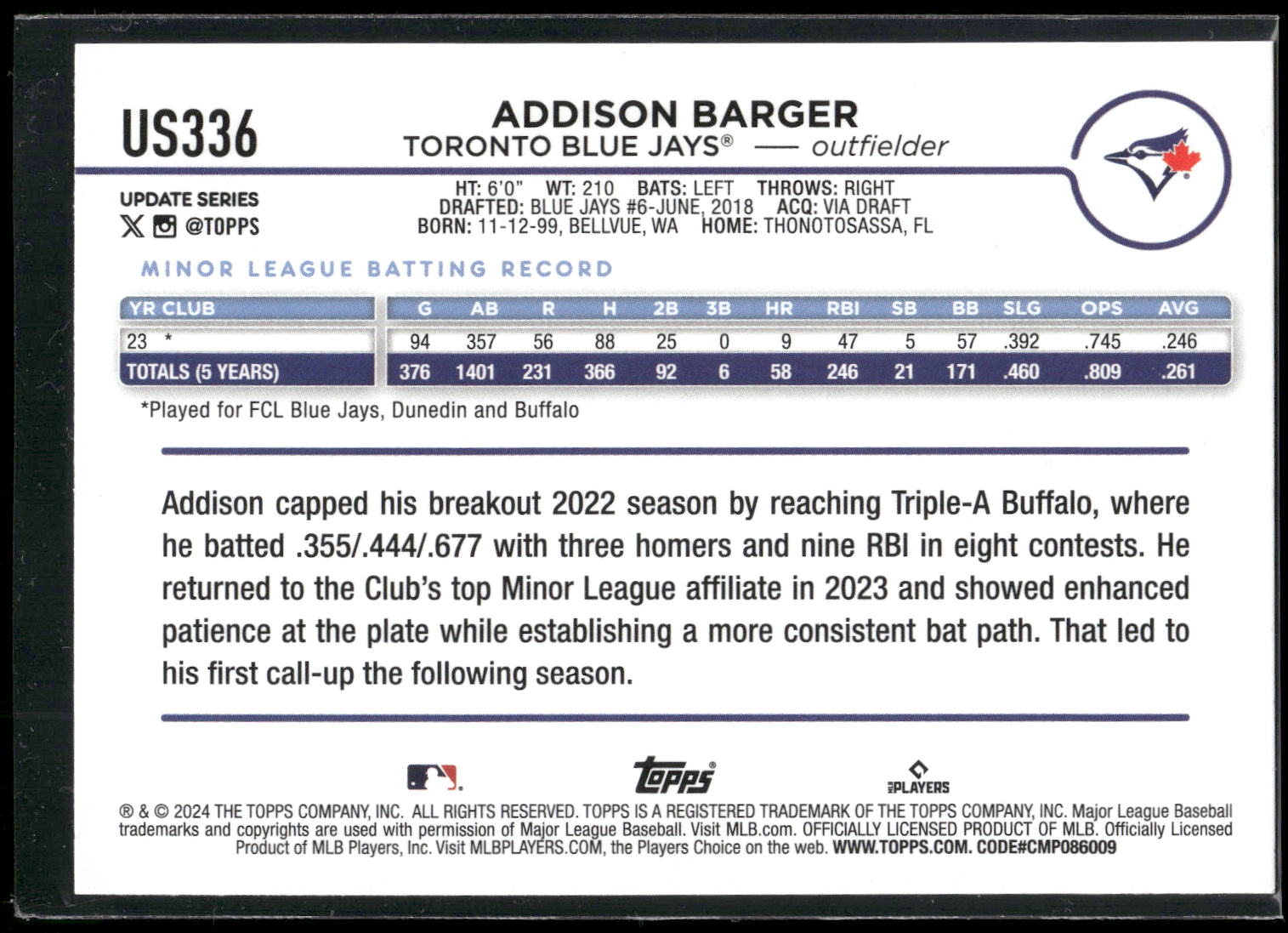 2024 Topps Update #US336 Addison Barger Yellow
