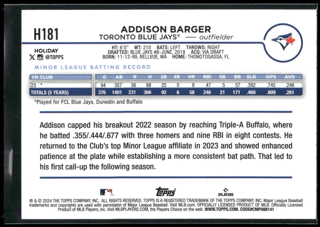 2024 Topps Holiday #H181 Addison Barger