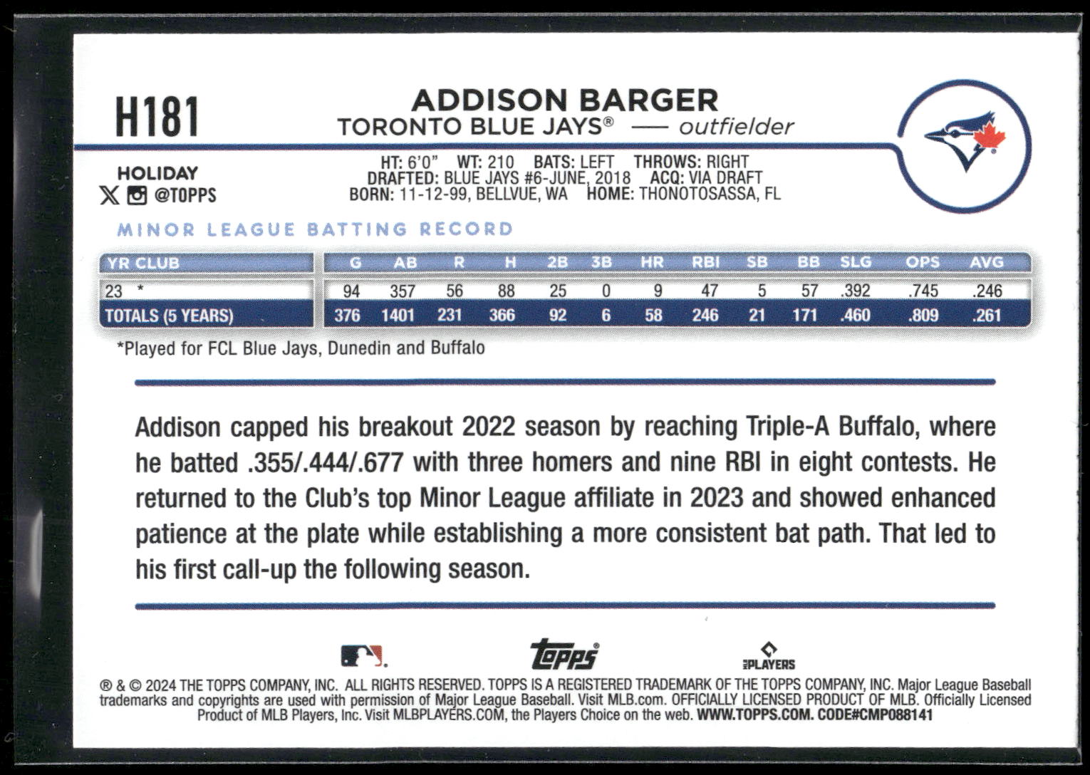 2024 Topps Holiday #H181 Addison Barger