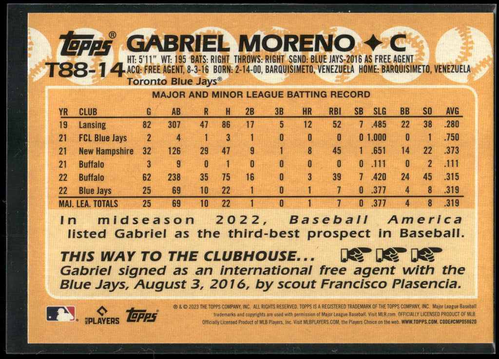 2023 Topps #T88-14 Gabriel Moreno 1988 Topps Baseball 35th Anniversary