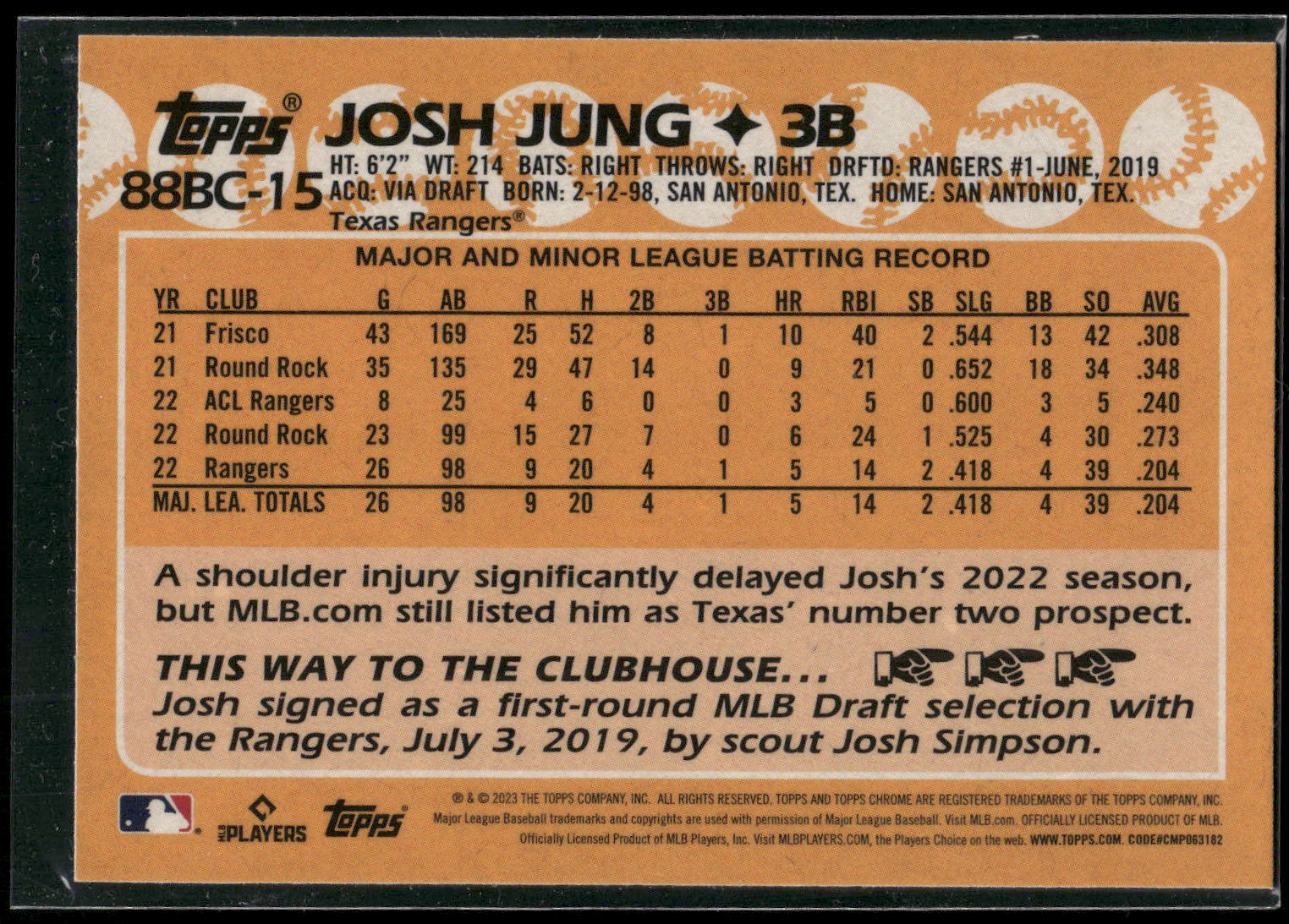 2023 Topps Chrome #88BC-15 Josh Jung 1988 Topps Baseball 35th Anniversary