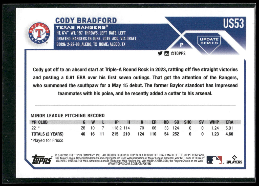 2023 Topps Update #US53 Cody Bradford