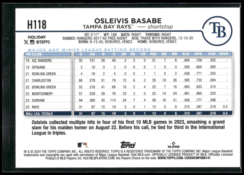 2024 Topps Holiday #H118 Osleivis Basabe