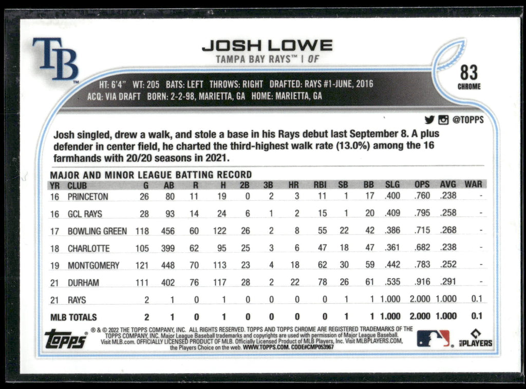2022 Topps Chrome Sonic #83 Josh Lowe