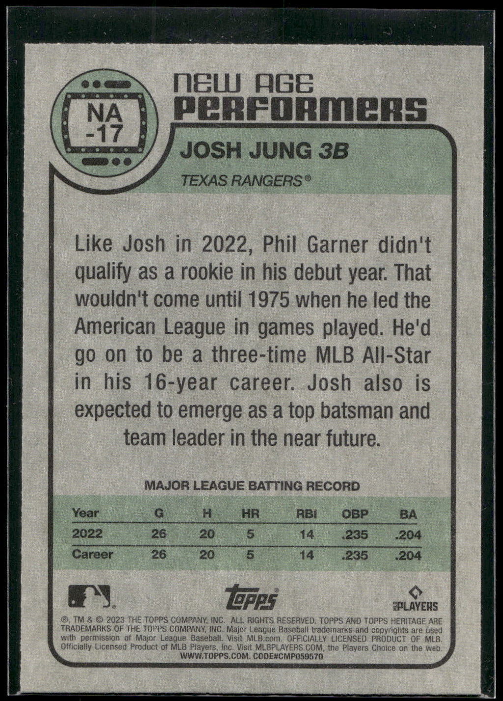 2023 Topps Heritage #NA-17 Josh Jung New Age Performers