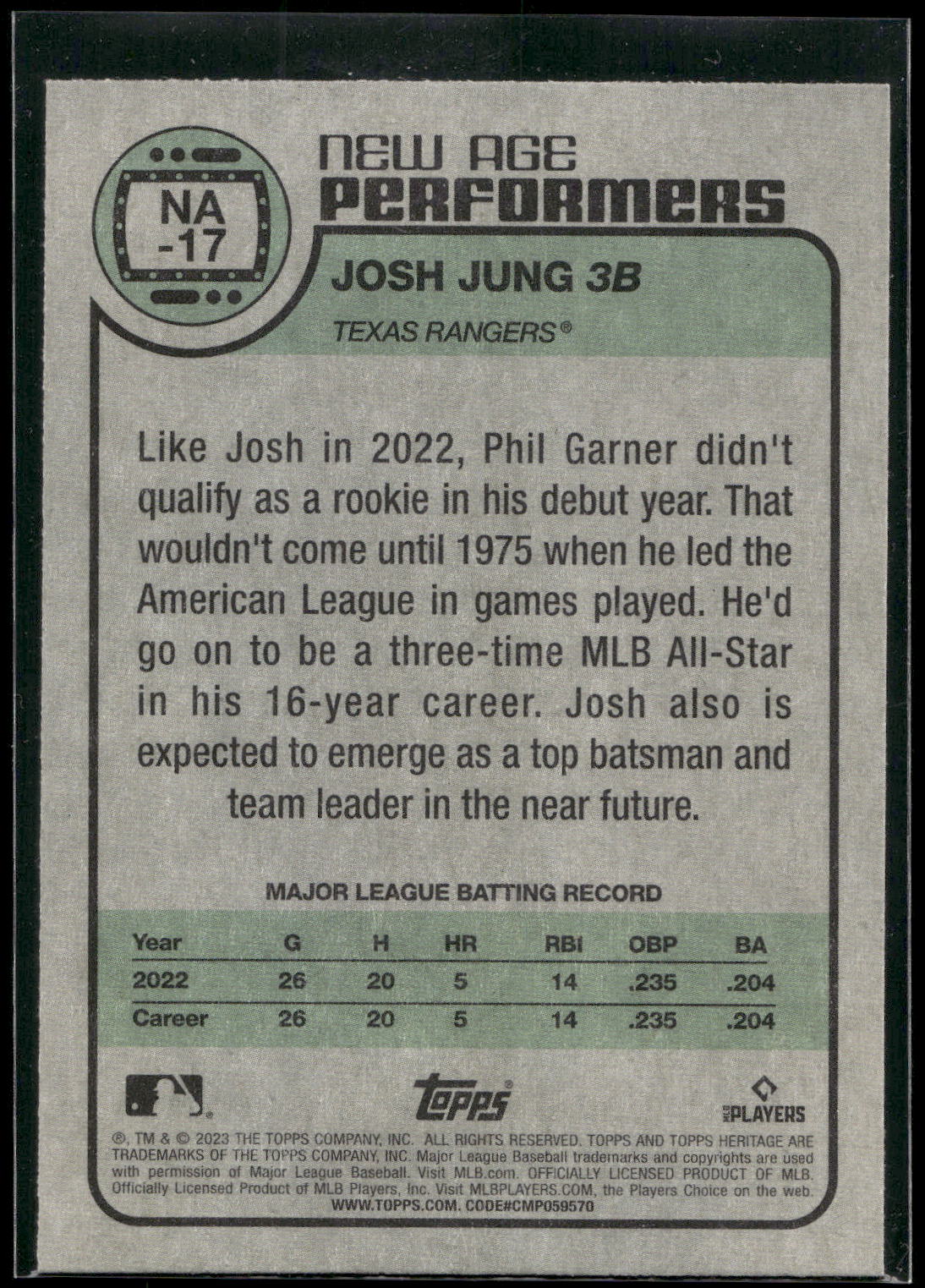2023 Topps Heritage #NA-17 Josh Jung New Age Performers