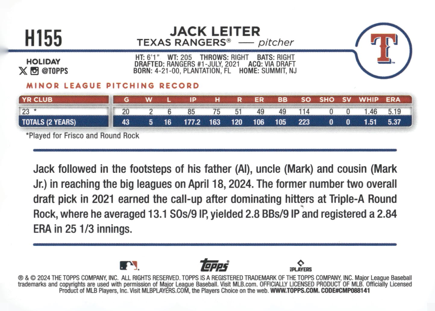 2024 Topps Holiday #H155 Jack Leiter