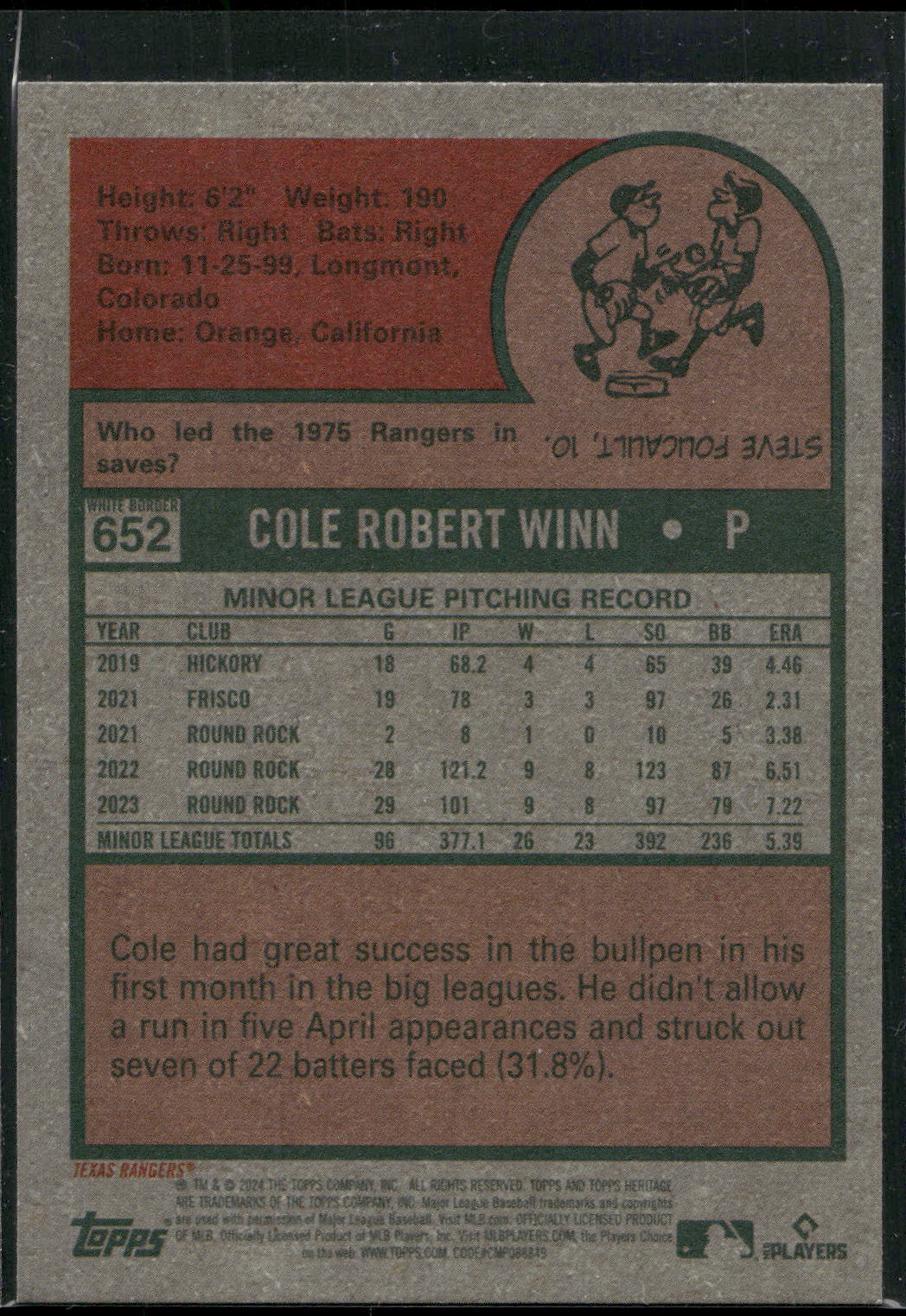 2024 Topps Heritage #652 Cole Winn Green Border