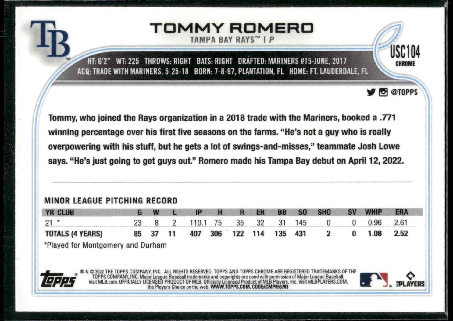 2022 Topps Chrome Update #USC104 Tommy Romero