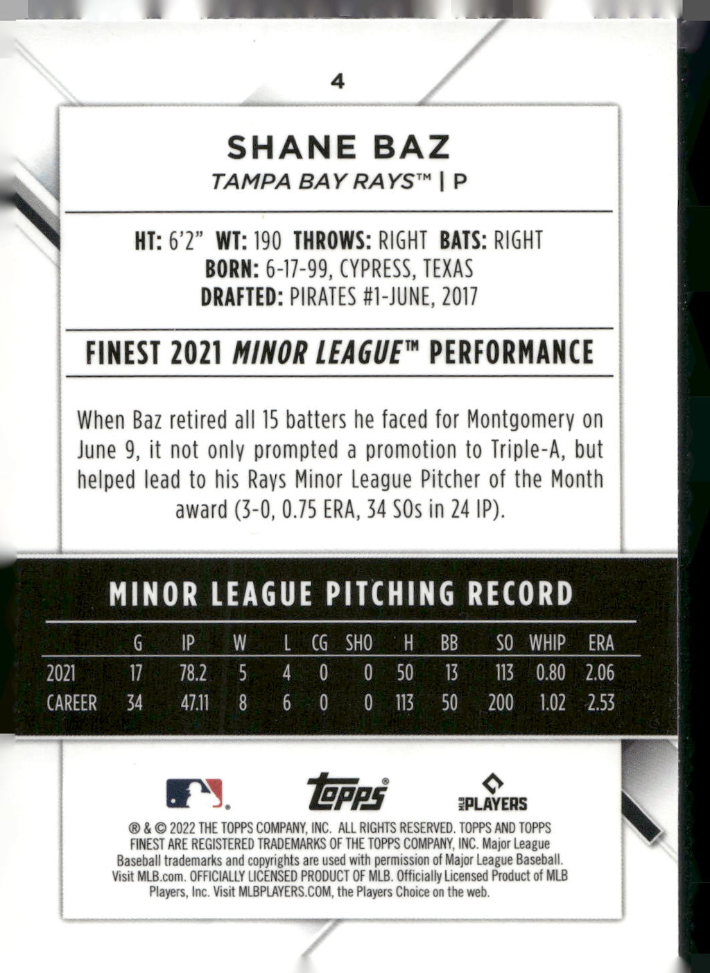 2022 Finest #4 Shane Baz