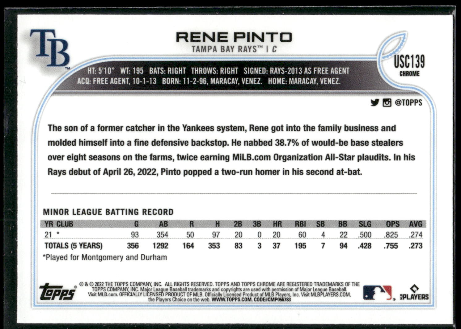 2022 Topps Chrome Update #USC139 Rene Pinto