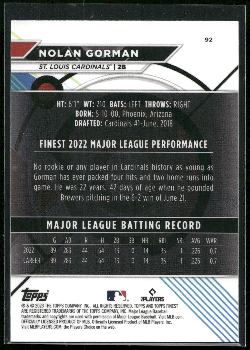 2023 Finest #92 Nolan Gorman