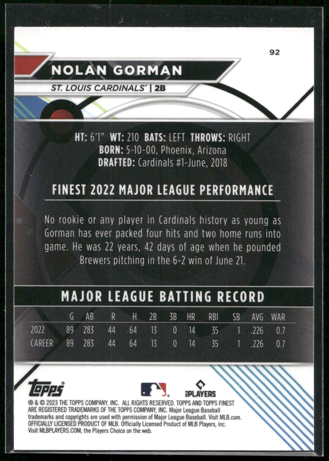 2023 Finest #92 Nolan Gorman