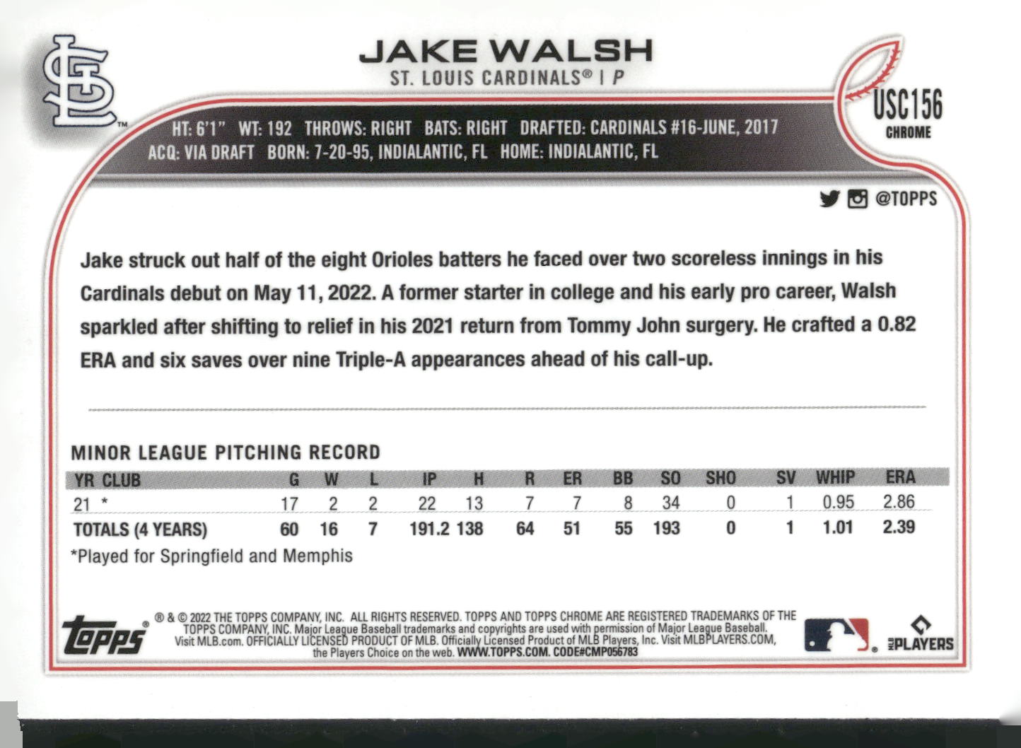 2022 Topps Chrome Update #USC156 Jake Walsh Purple Refractor
