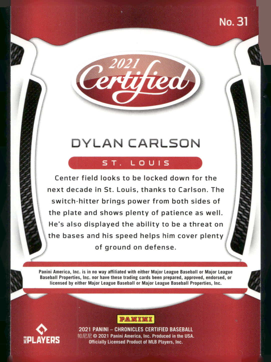 2021 Panini Chronicles #31 Dylan Carlson Certified
